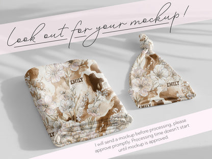 Cowhide Floral Swaddle Blanket and Hat Personalized Name Baby Girl Gift Western Nursery Decor Rustic Print Soft Newborn Wrap Keepsake Set