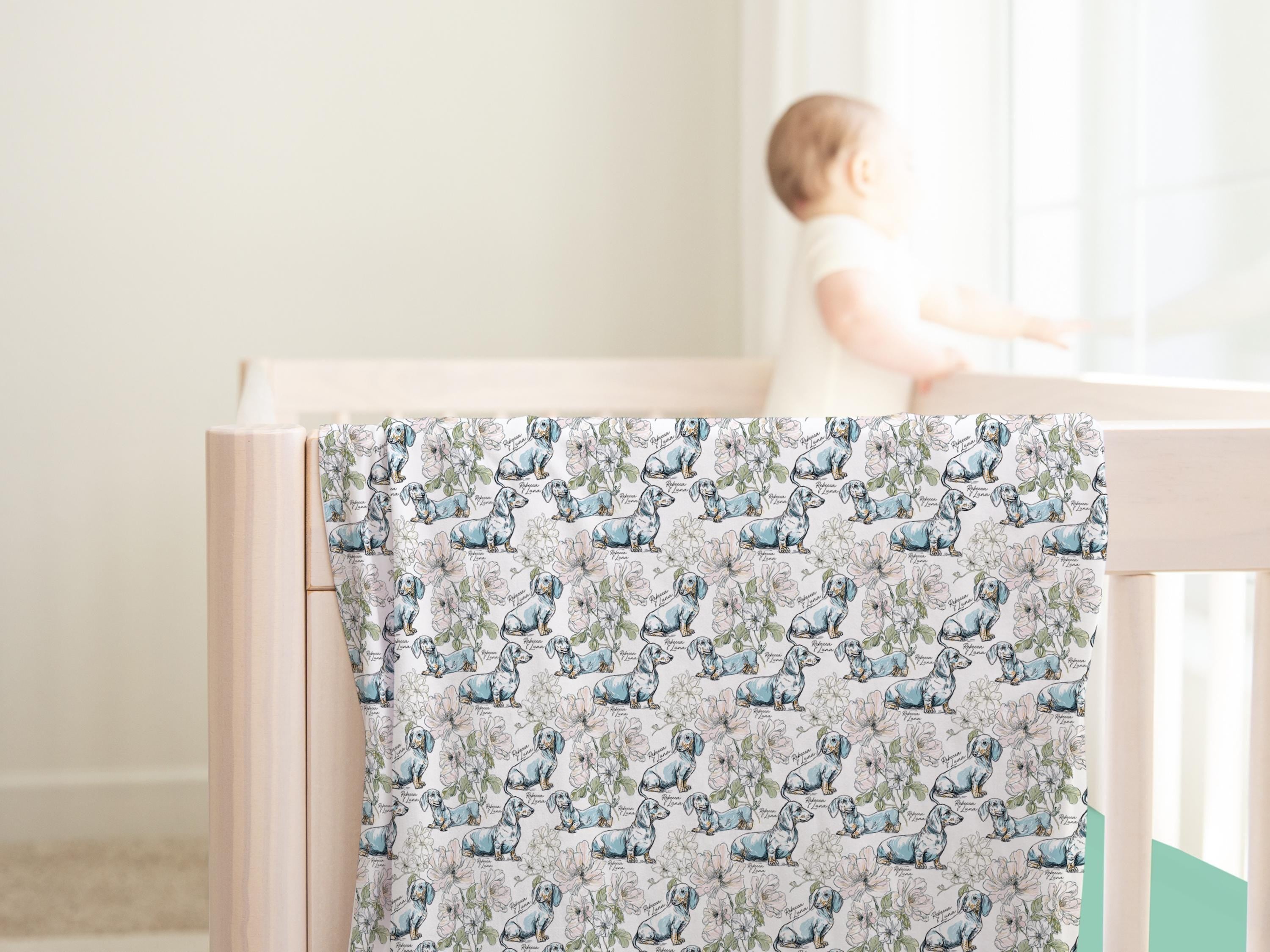 Dachshund Floral Toile Swaddle or Minky Blanket - Charles Alex