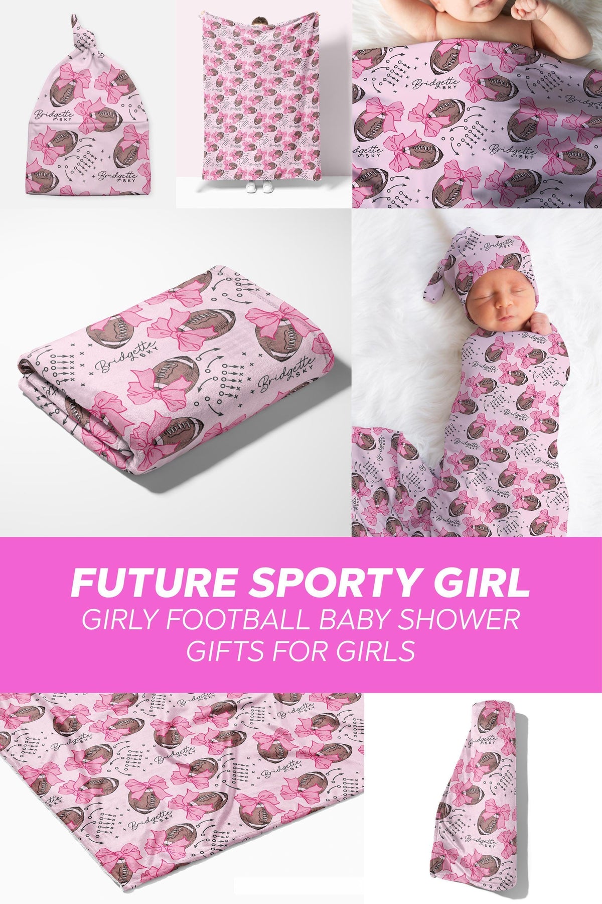 Personalized Pink Football Blanket Coquette Bow Swaddle Gift for Baby Shower Football Lover Baby Gift Custom Coming Home Outfit Hospital - Charles Alex