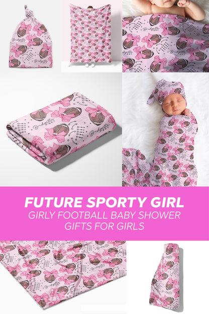 Personalized Pink Football Blanket Coquette Bow Swaddle Gift for Baby Shower Football Lover Baby Gift Custom Coming Home Outfit Hospital - Charles Alex