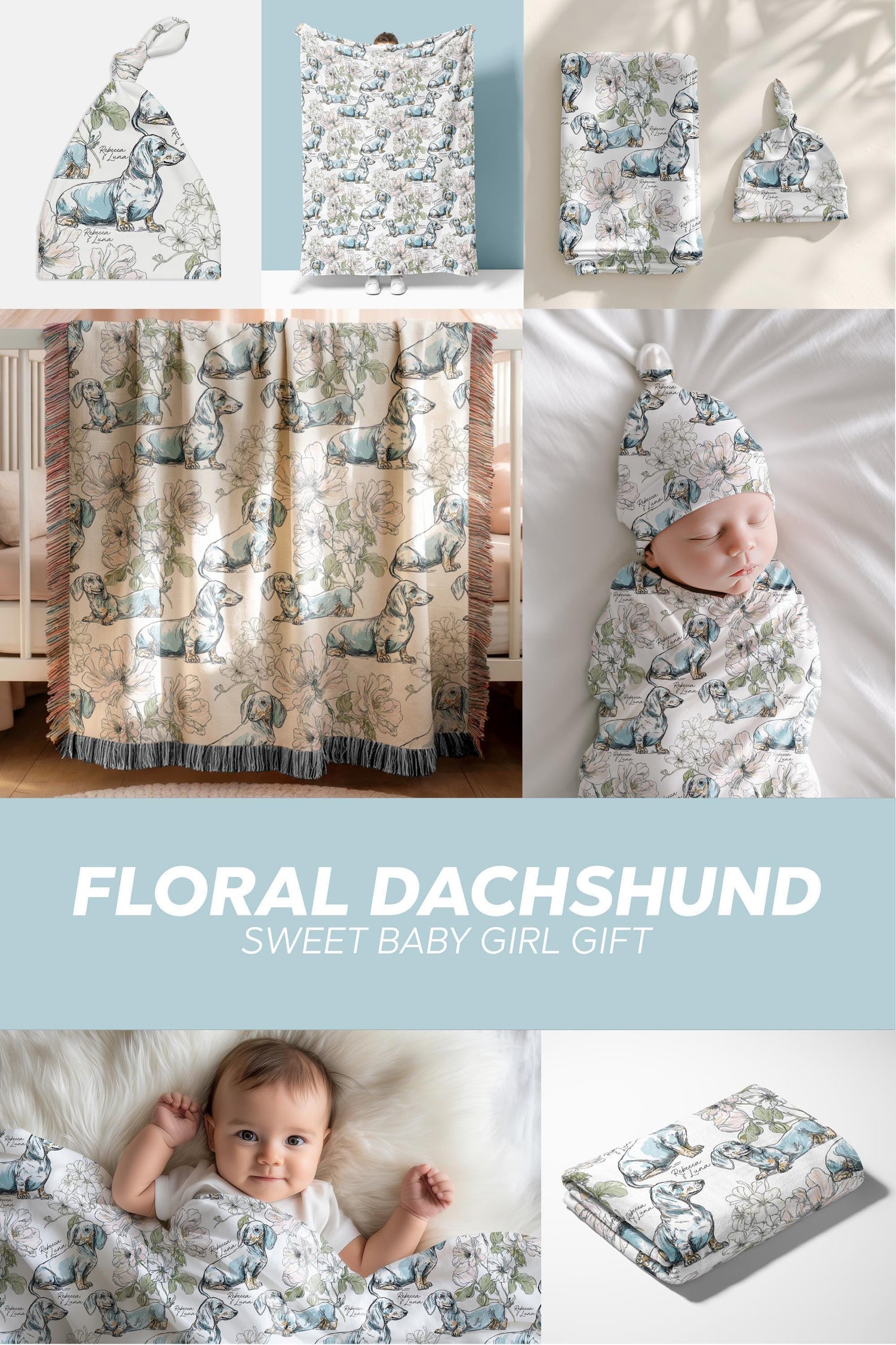 Dachshund Floral Toile Swaddle or Minky Blanket - Charles Alex