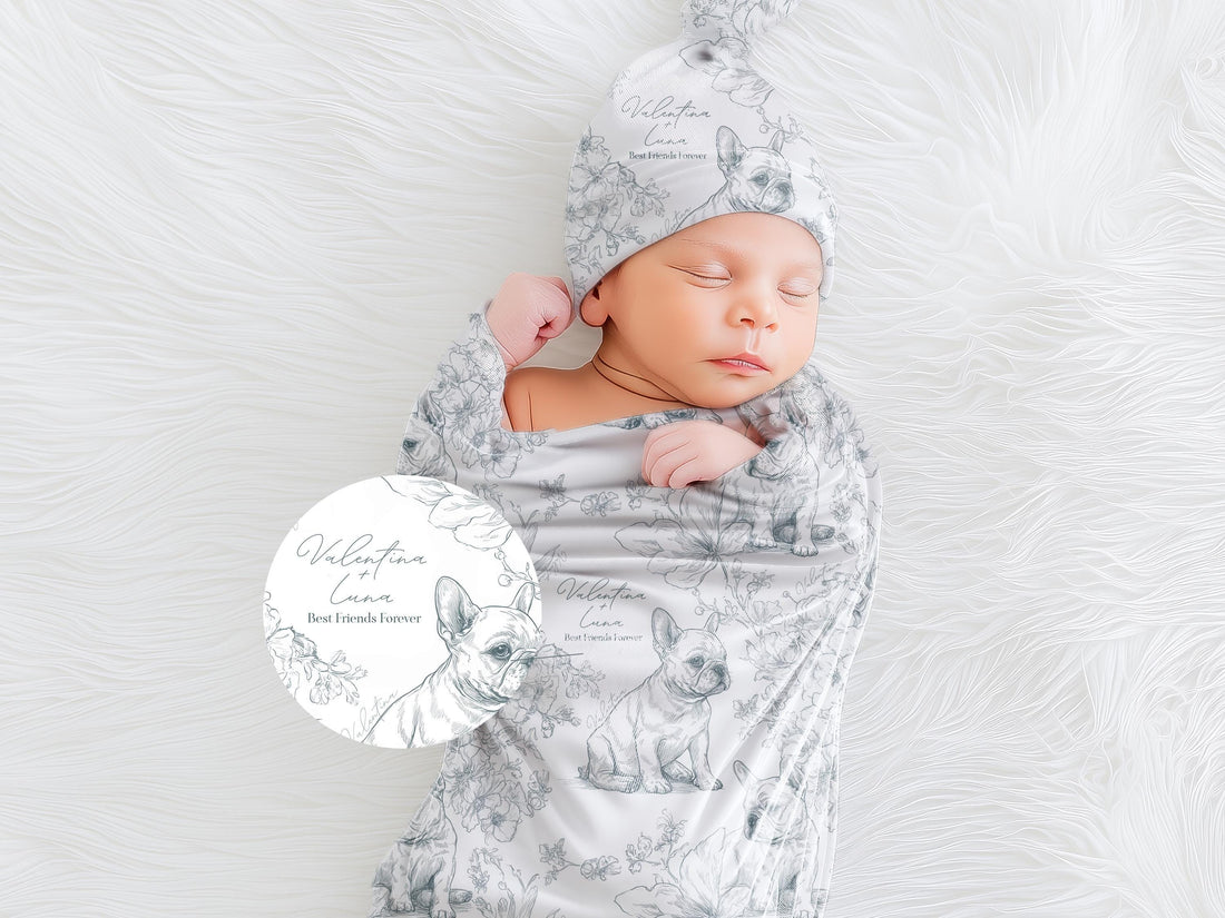 Personalized Toile French Bulldog Dog Swaddle Blanket Custom Baby Name and Pet Name Minky Nursery Gift Baby Shower New Best Friends Throw