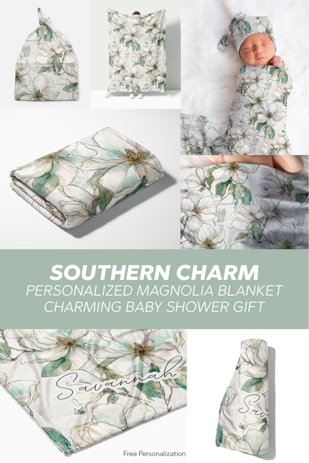 Magnolia Baby Blanket with Name for a Girl Baby Shower Gift Personalized Southern Baby Gift Set with Hat and Swaddle Blanket Floral Print