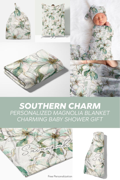 Magnolia Baby Blanket with Name for a Girl Baby Shower Gift Personalized Southern Baby Gift Set with Hat and Swaddle Blanket Floral Print