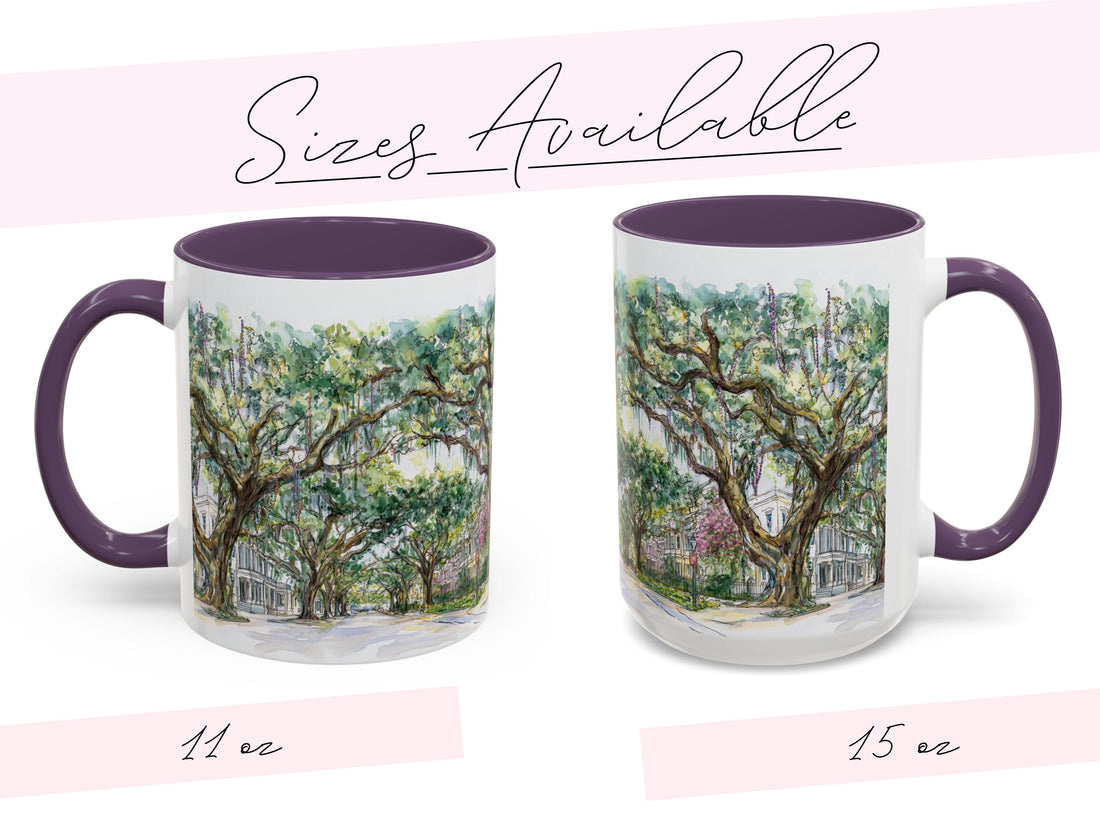 Mardi Gras Bead Tree Mug Watercolor New Orleans Oak Trees and Custom Phrase Gift Southern Coffee Cup NOLA Landscape Art Hostess Present - Charles Alex