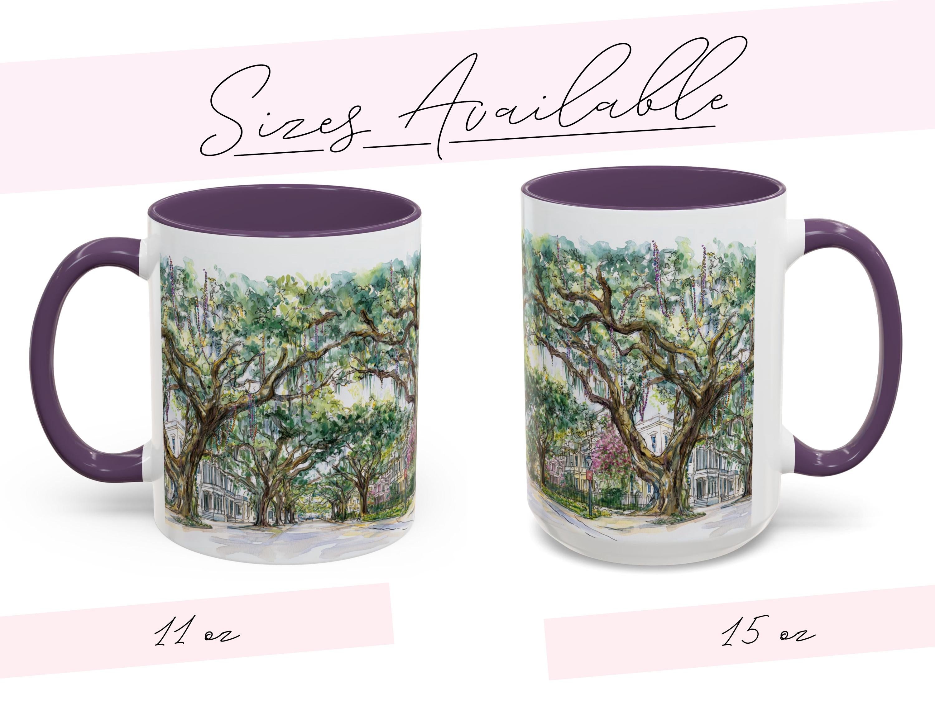 Mardi Gras Bead Tree Mug Watercolor New Orleans Oak Trees and Custom Phrase Gift Southern Coffee Cup NOLA Landscape Art Hostess Present - Charles Alex