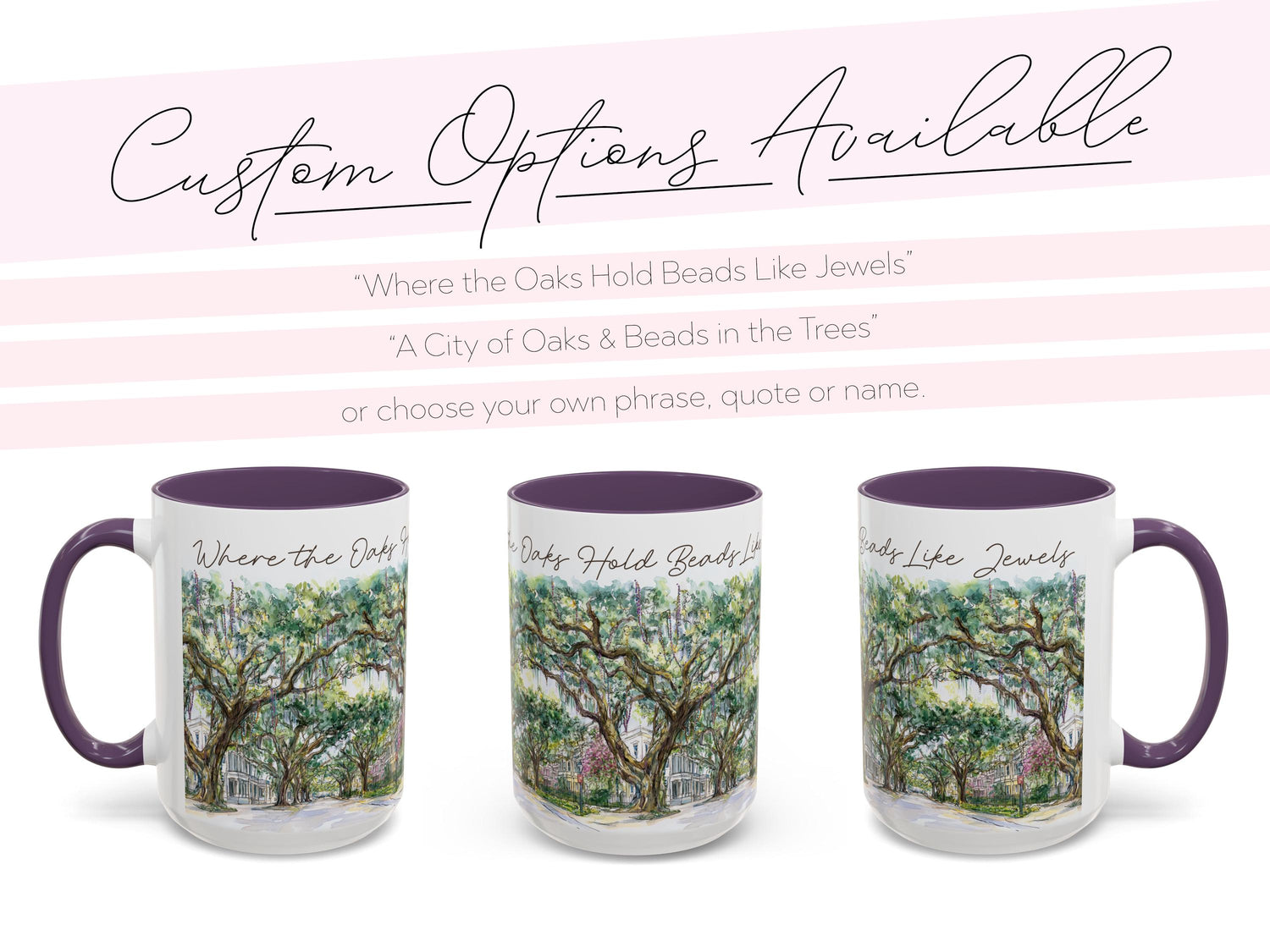 Mardi Gras Bead Tree Mug Watercolor New Orleans Oak Trees and Custom Phrase Gift Southern Coffee Cup NOLA Landscape Art Hostess Present - Charles Alex