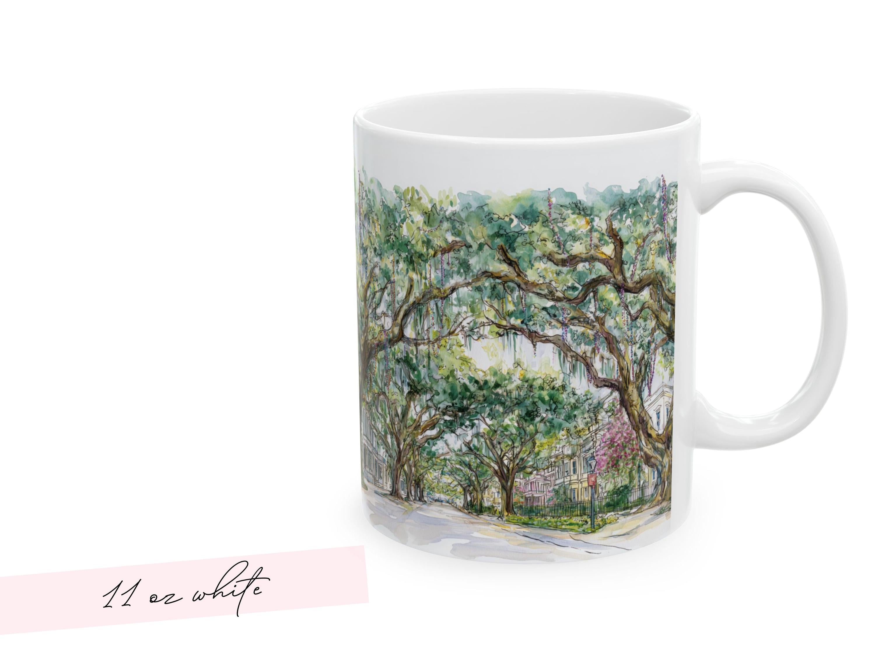 Mardi Gras Bead Tree Mug Watercolor New Orleans Oak Trees and Custom Phrase Gift Southern Coffee Cup NOLA Landscape Art Hostess Present - Charles Alex