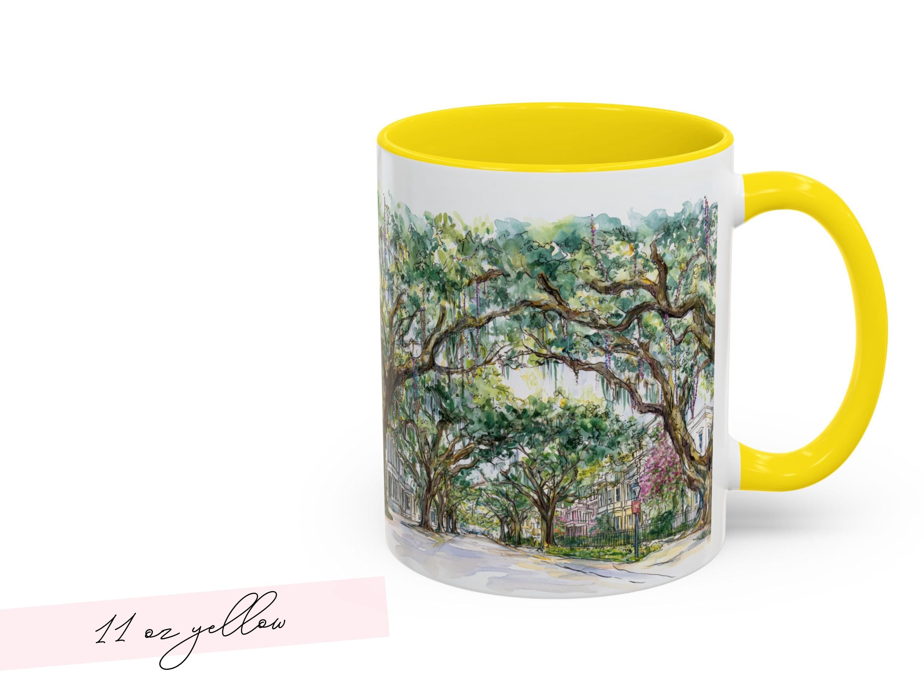 Mardi Gras Bead Tree Mug Watercolor New Orleans Oak Trees and Custom Phrase Gift Southern Coffee Cup NOLA Landscape Art Hostess Present - Charles Alex