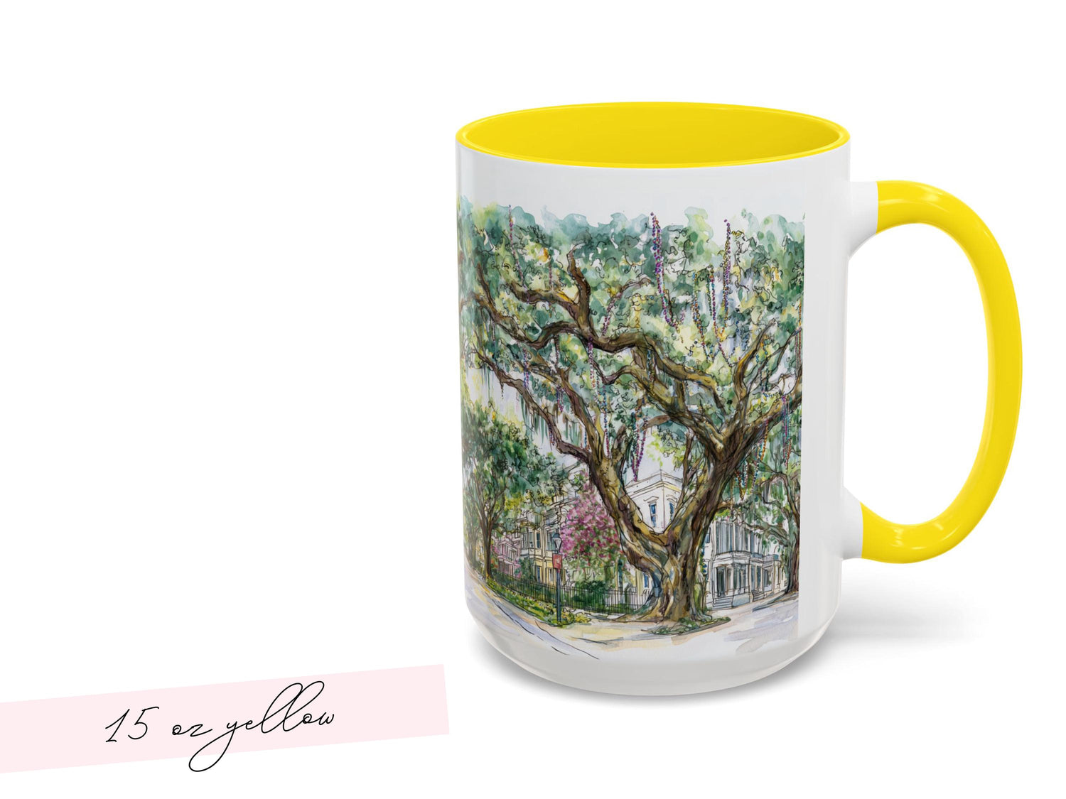 Mardi Gras Bead Tree Mug Watercolor New Orleans Oak Trees and Custom Phrase Gift Southern Coffee Cup NOLA Landscape Art Hostess Present - Charles Alex