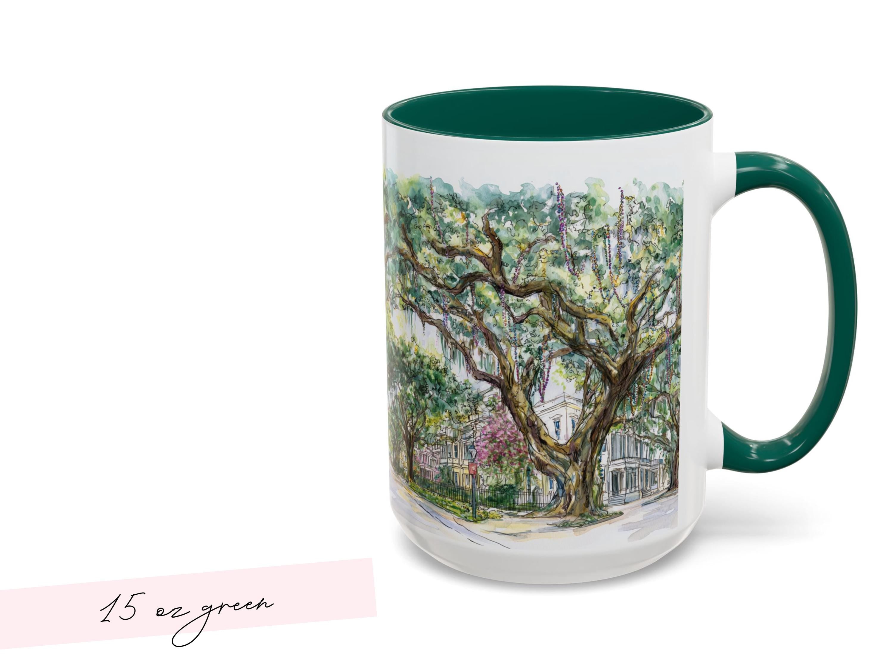 Mardi Gras Bead Tree Mug Watercolor New Orleans Oak Trees and Custom Phrase Gift Southern Coffee Cup NOLA Landscape Art Hostess Present - Charles Alex