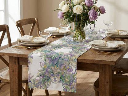 Mardi Gras Table Runner Elegant Masquerade Floral Decor New Orleans Carnival Dining Table Centerpiece Hostess Gift Sophisticated Mask Beads - Charles Alex