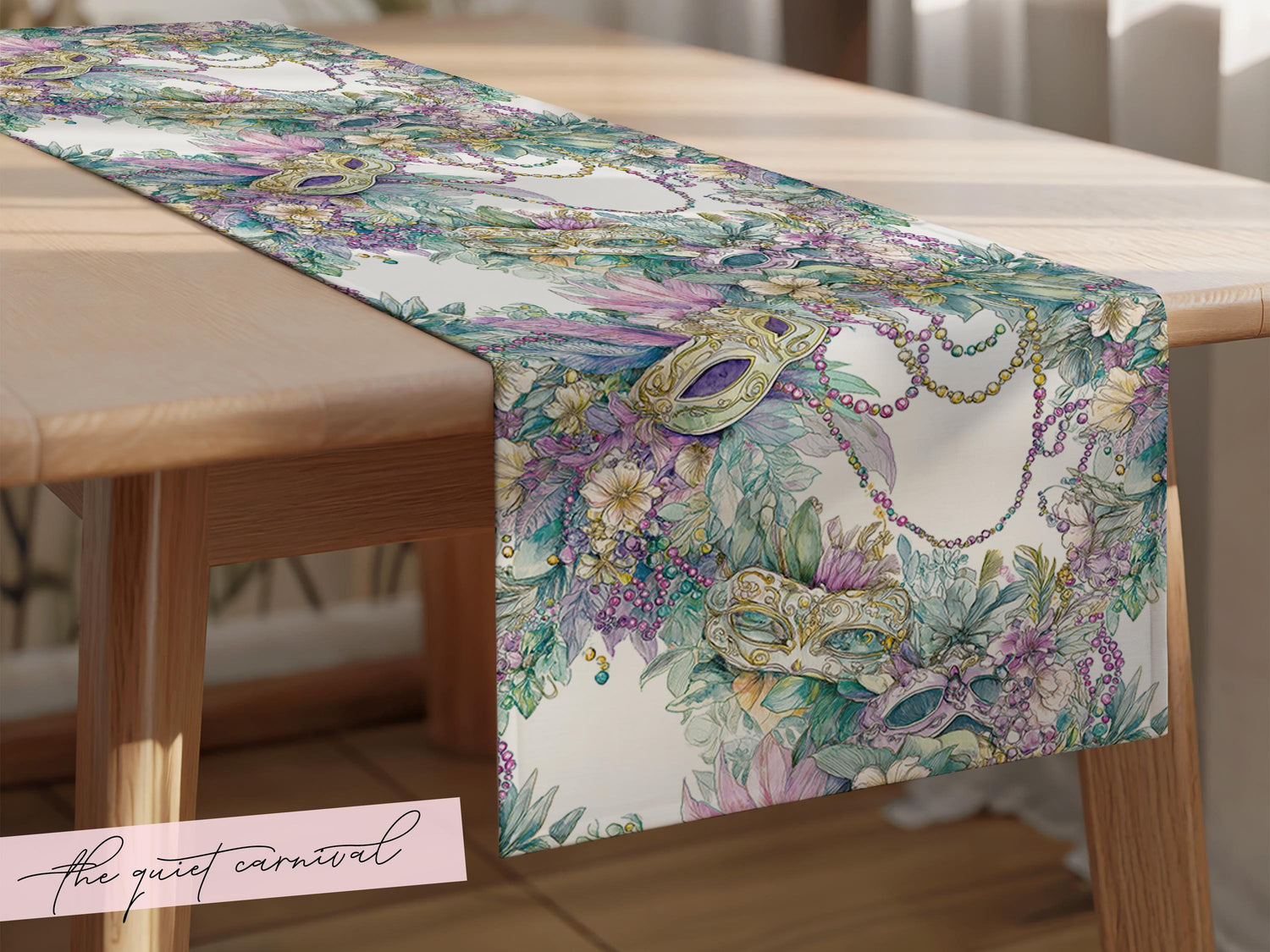 Mardi Gras Table Runner Elegant Masquerade Floral Decor New Orleans Carnival Dining Table Centerpiece Hostess Gift Sophisticated Mask Beads - Charles Alex