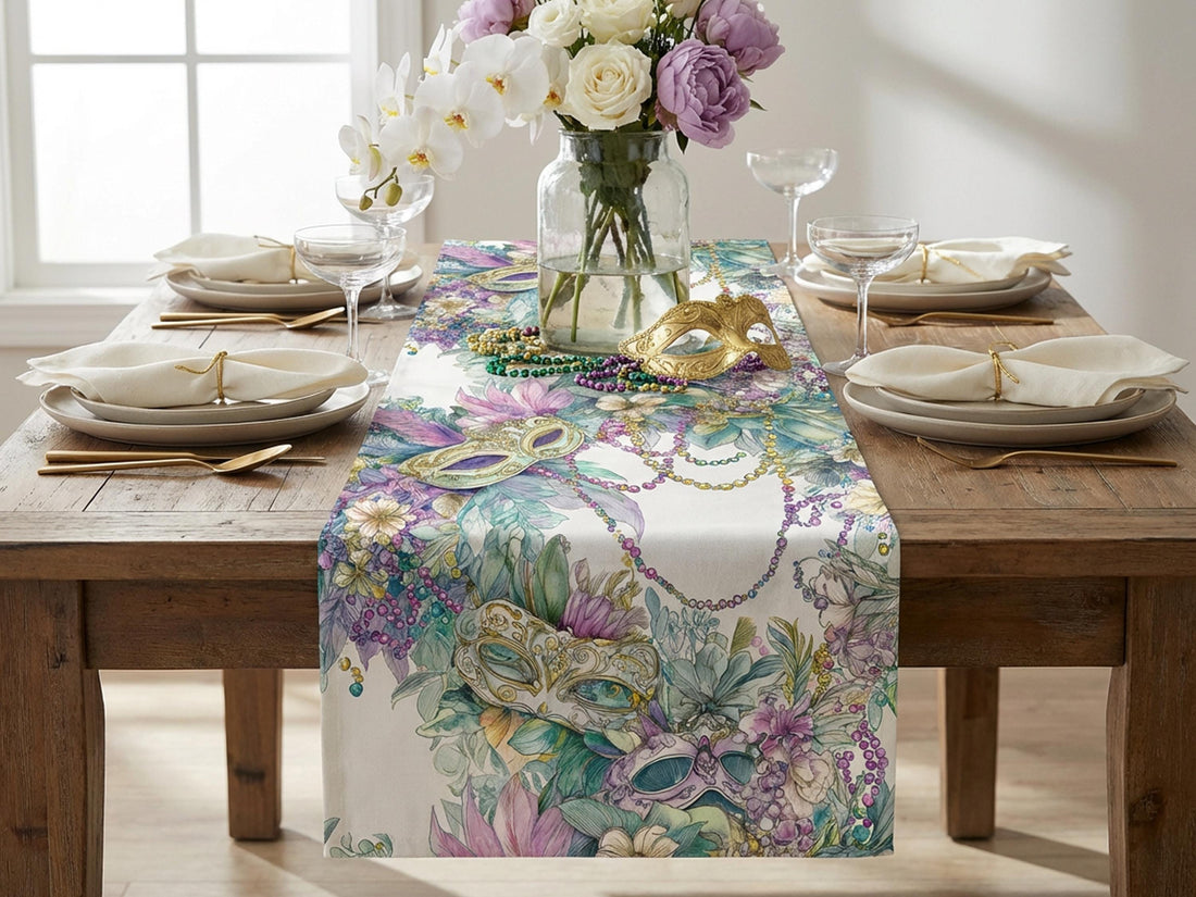 Mardi Gras Table Runner Elegant Masquerade Floral Decor New Orleans Carnival Dining Table Centerpiece Hostess Gift Sophisticated Mask Beads - Charles Alex