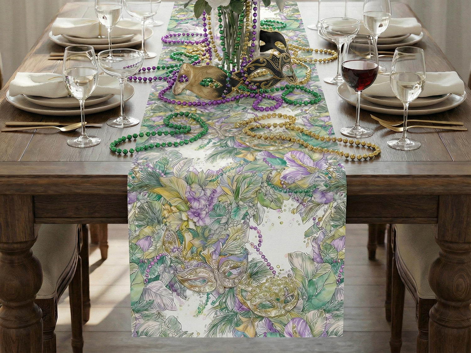 Mardi Gras Table Runner Elegant Masquerade Floral Decor New Orleans Carnival Dining Table Centerpiece Hostess Gift Sophisticated Mask Beads - Charles Alex
