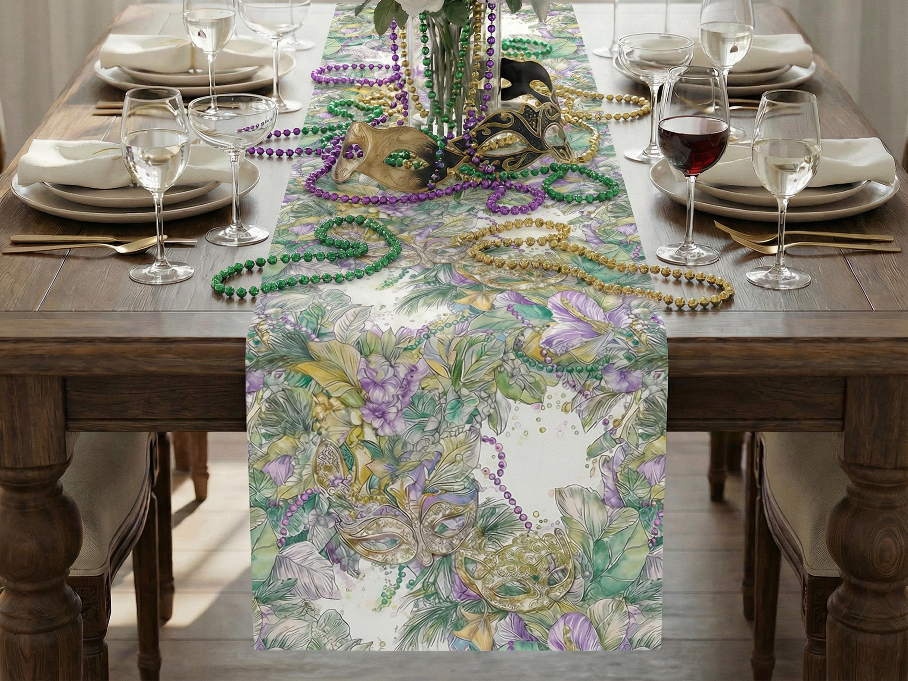 Mardi Gras Table Runner Elegant Masquerade Floral Decor New Orleans Carnival Dining Table Centerpiece Hostess Gift Sophisticated Mask Beads - Charles Alex