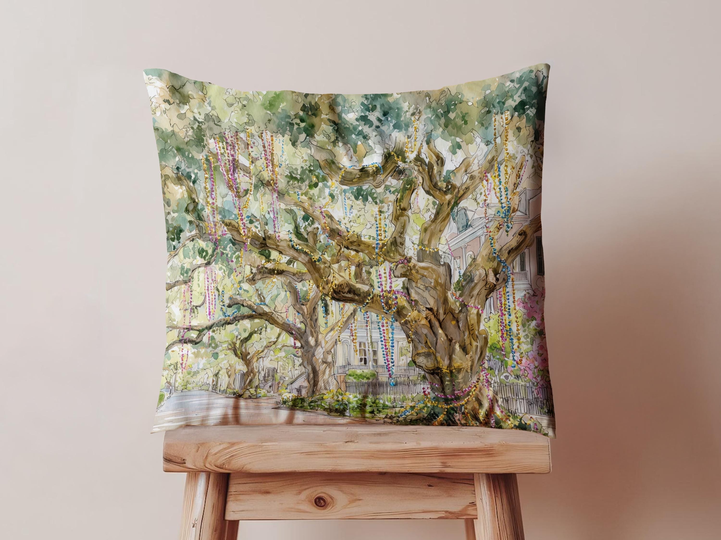Bead Tree Mardi Gras Pillow Cover Hostess Gift Carnival Season Guest Room Decor Festive Print Throw Cushion Southern Home Interior Design - Charles Alex