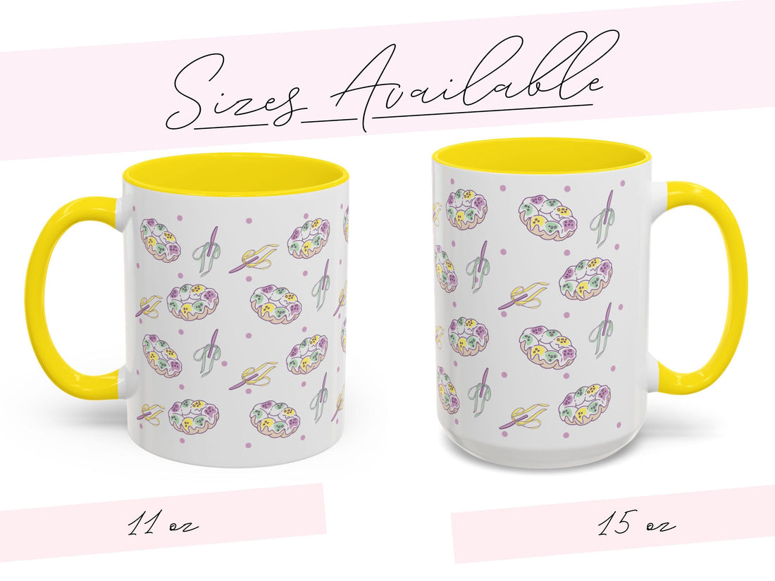 Personalized Mardi Gras King Cake Bow Knife Ceramic Coffee Mug 15 oz Purple Green Gold NOLA Festive Holiday Gift White Custom Name Present