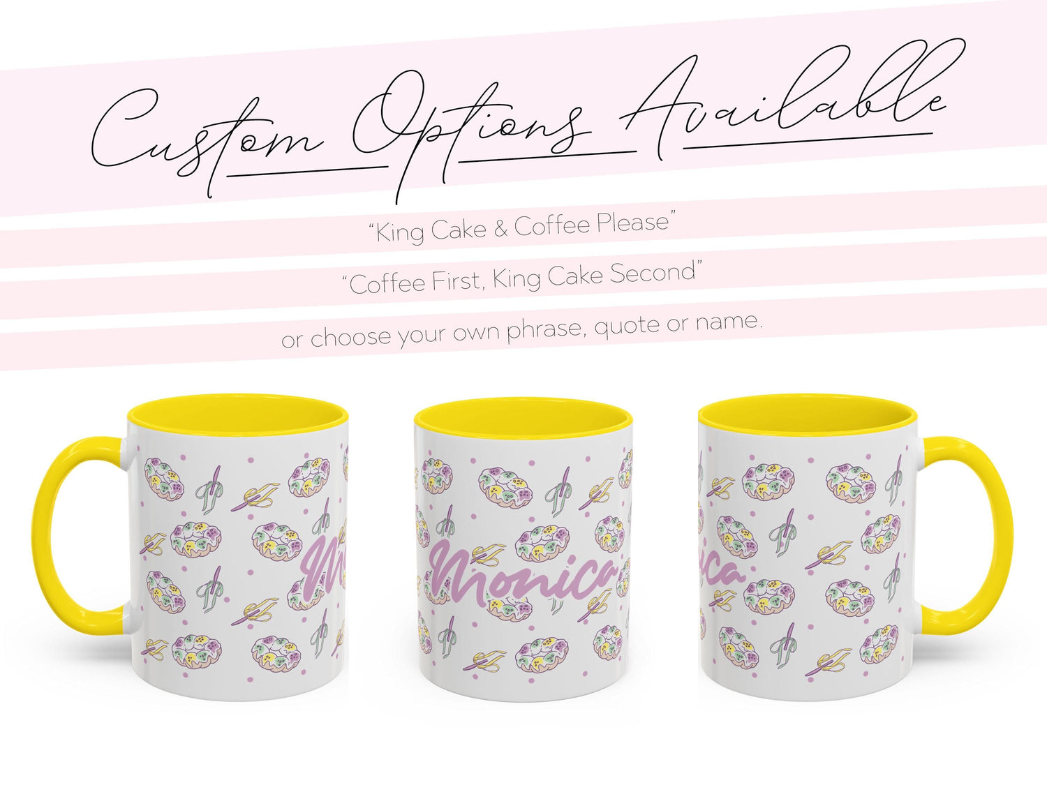 Personalized Mardi Gras King Cake Bow Knife Ceramic Coffee Mug 15 oz Purple Green Gold NOLA Festive Holiday Gift White Custom Name Present - Charles Alex