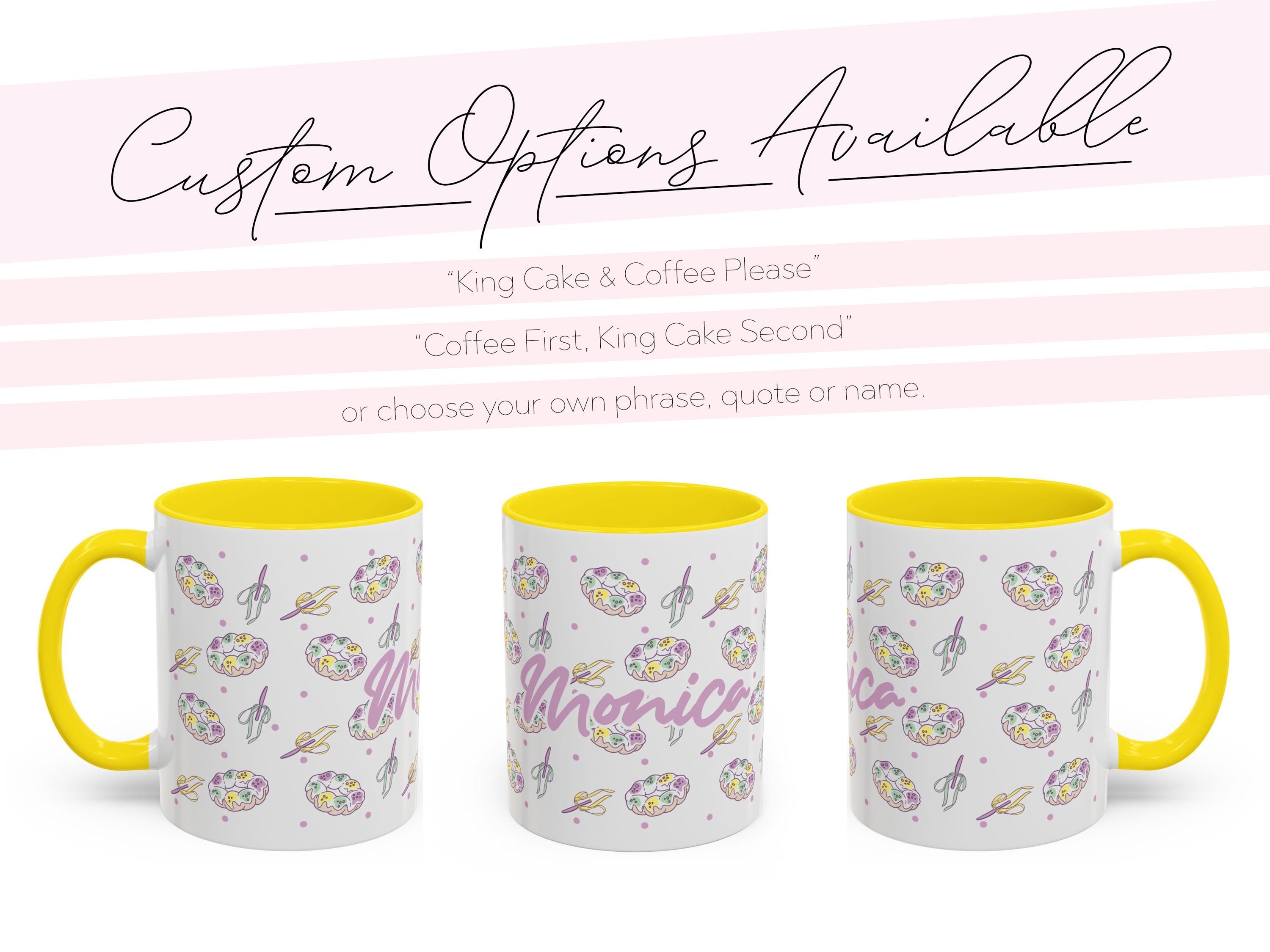 Personalized Mardi Gras King Cake Bow Knife Ceramic Coffee Mug 15 oz Purple Green Gold NOLA Festive Holiday Gift White Custom Name Present - Charles Alex