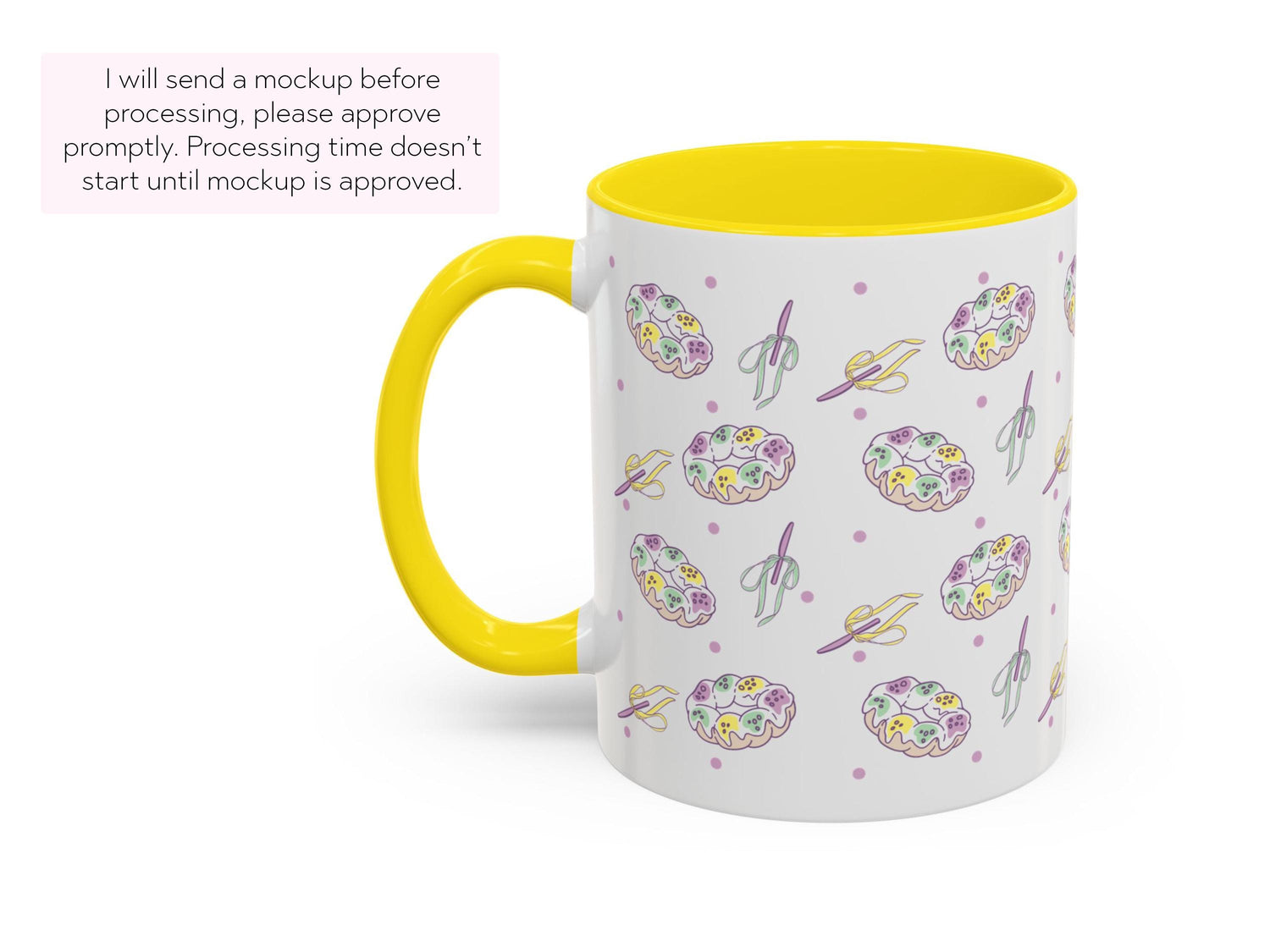 Personalized Mardi Gras King Cake Bow Knife Ceramic Coffee Mug 15 oz Purple Green Gold NOLA Festive Holiday Gift White Custom Name Present - Charles Alex