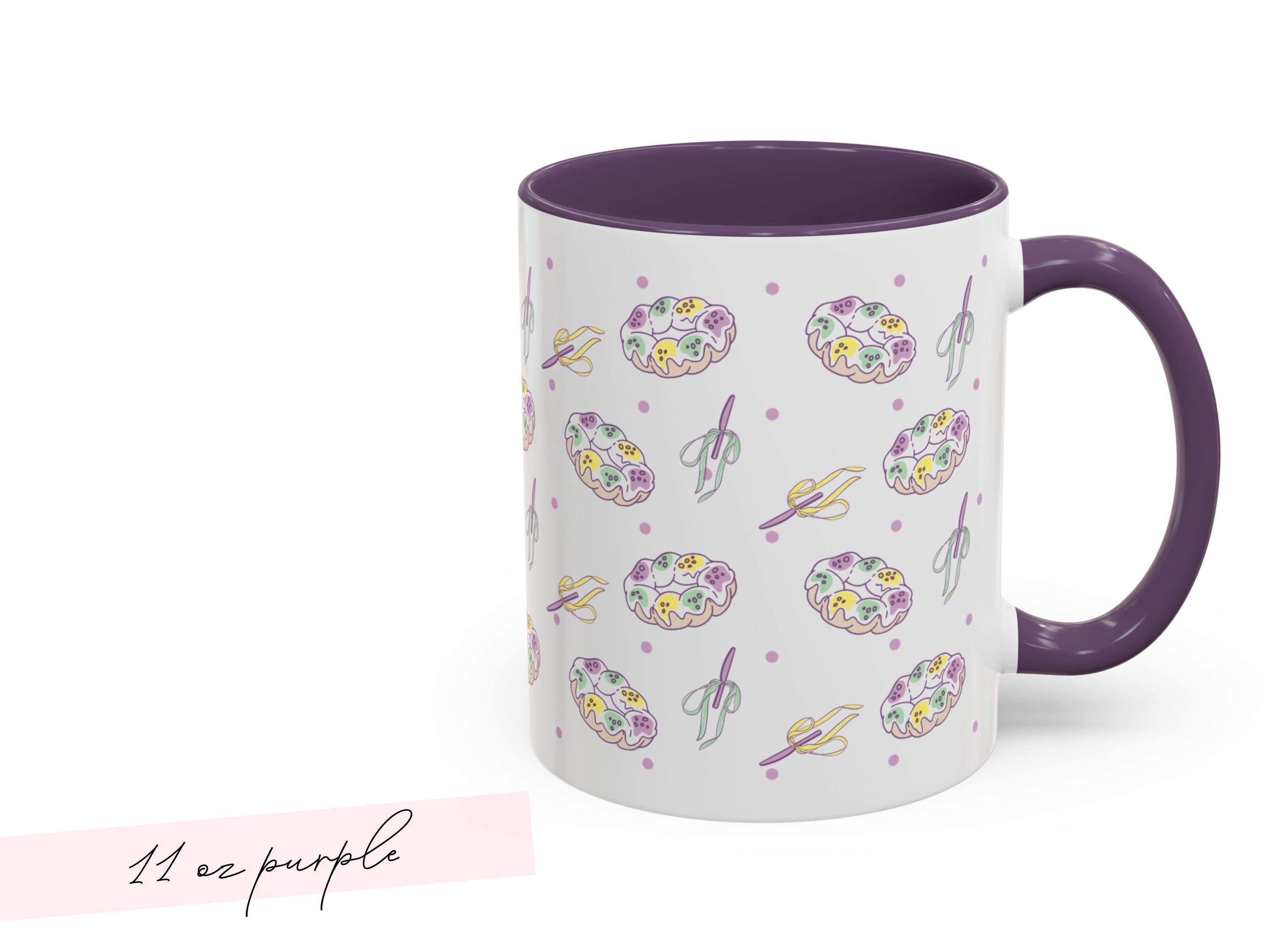 Personalized Mardi Gras King Cake Bow Knife Ceramic Coffee Mug 15 oz Purple Green Gold NOLA Festive Holiday Gift White Custom Name Present - Charles Alex