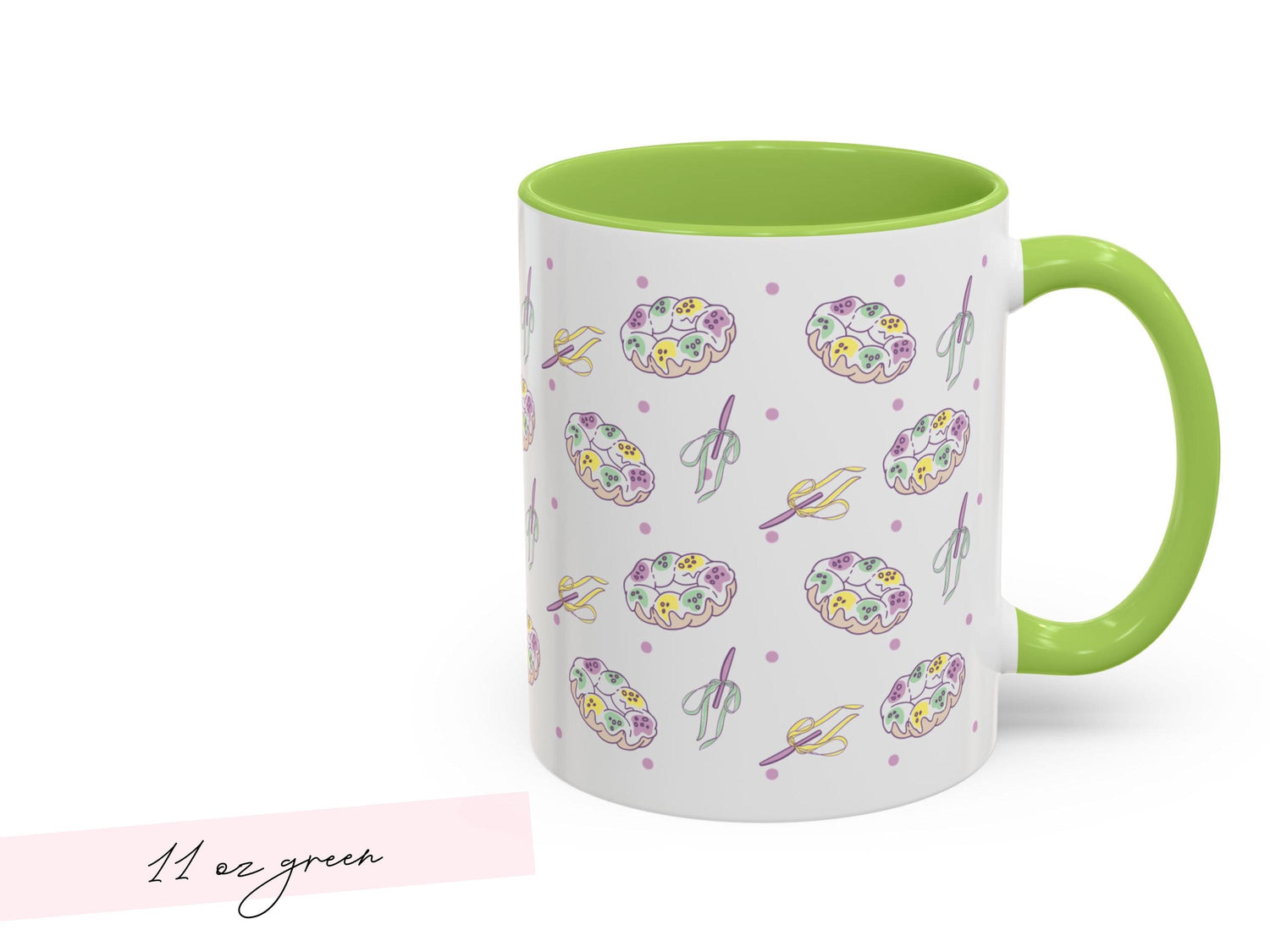 Personalized Mardi Gras King Cake Bow Knife Ceramic Coffee Mug 15 oz Purple Green Gold NOLA Festive Holiday Gift White Custom Name Present - Charles Alex