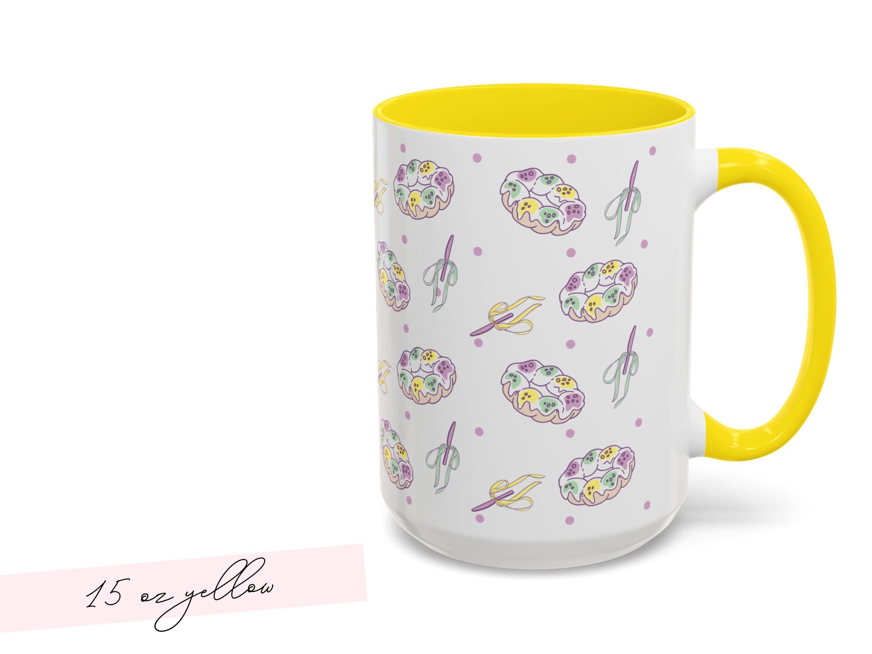 Personalized Mardi Gras King Cake Bow Knife Ceramic Coffee Mug 15 oz Purple Green Gold NOLA Festive Holiday Gift White Custom Name Present - Charles Alex