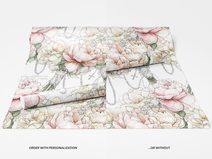 Catholic Wedding Wrapping Paper with Peony Bouquets Rosary Religious Bridal Shower Gift Wrap Elegant Christian Ceremony Luxury Packaging
