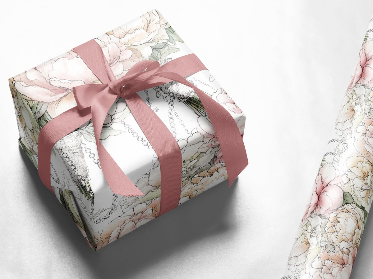 Catholic Wedding Wrapping Paper with Peony Bouquets Rosary Religious Bridal Shower Gift Wrap Elegant Christian Ceremony Luxury Packaging
