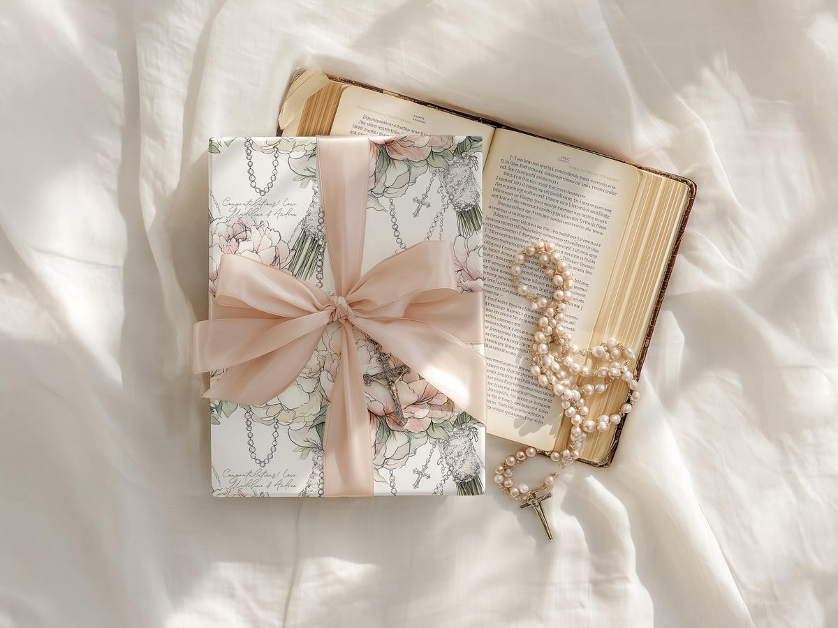 Catholic Wedding Wrapping Paper with Peony Bouquets Rosary Religious Bridal Shower Gift Wrap Elegant Christian Ceremony Luxury Packaging