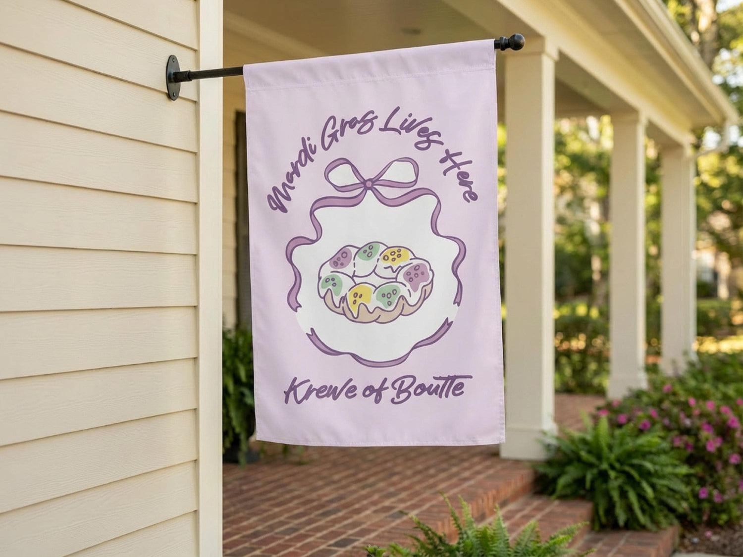 Mardi Gras Flag Pastel King Cake Garden Yard Sign Personalized Krewe Decor Outdoor Southern Home Banner Carnival Season Hostess Gift - Charles Alex