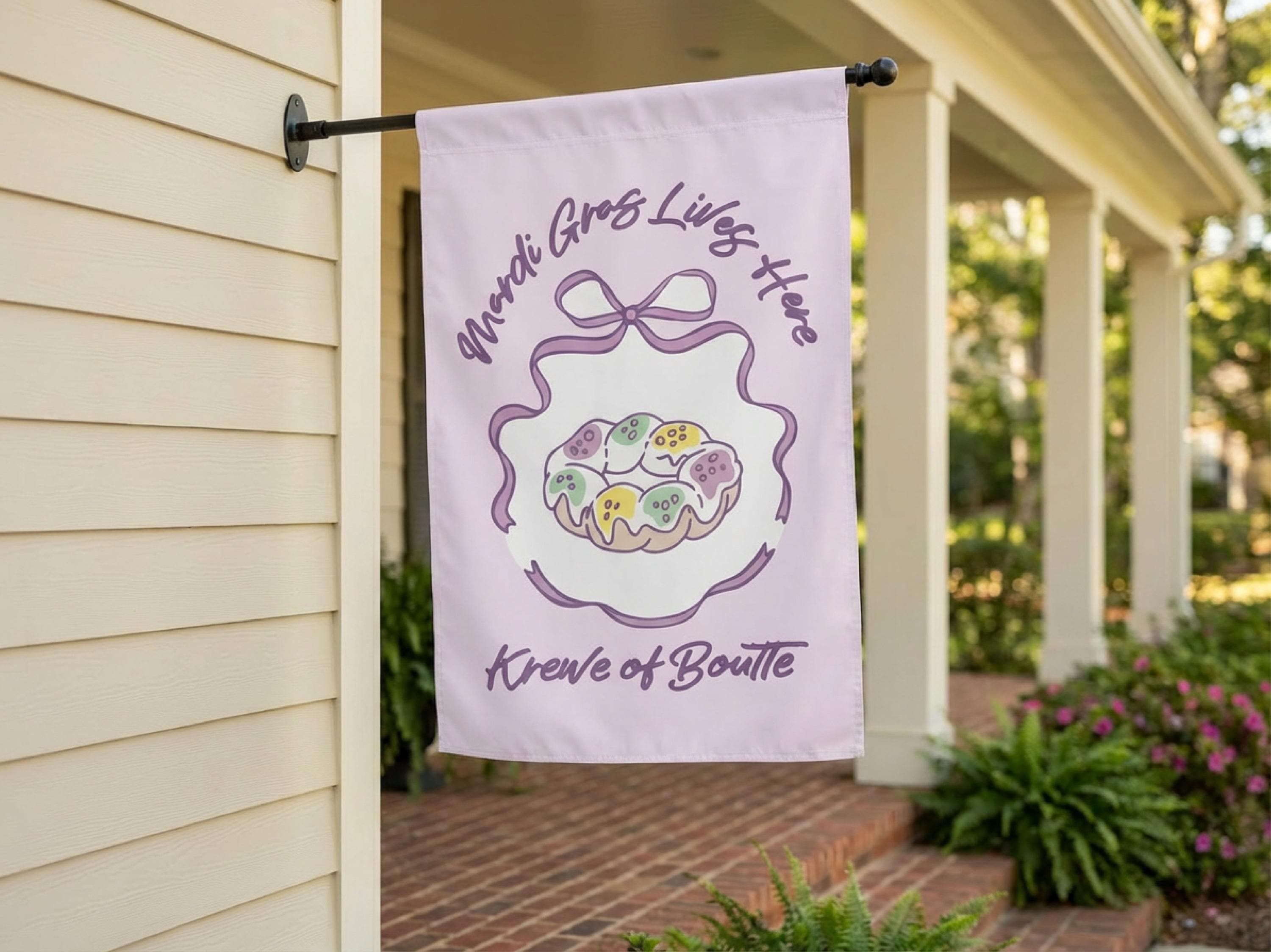Mardi Gras Flag Pastel King Cake Garden Yard Sign Personalized Krewe Decor Outdoor Southern Home Banner Carnival Season Hostess Gift - Charles Alex