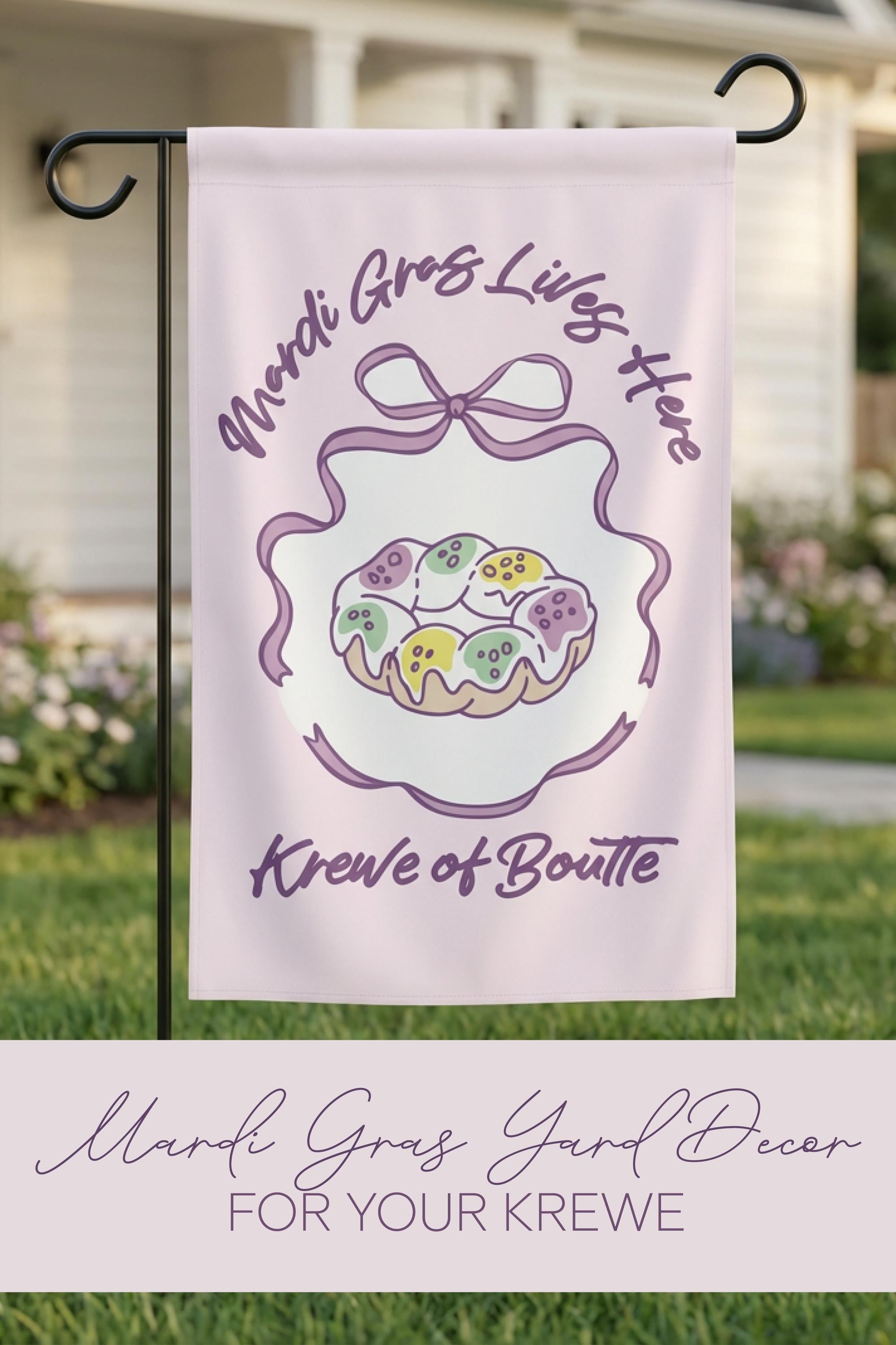 Mardi Gras Flag Pastel King Cake Garden Yard Sign Personalized Krewe Decor Outdoor Southern Home Banner Carnival Season Hostess Gift - Charles Alex