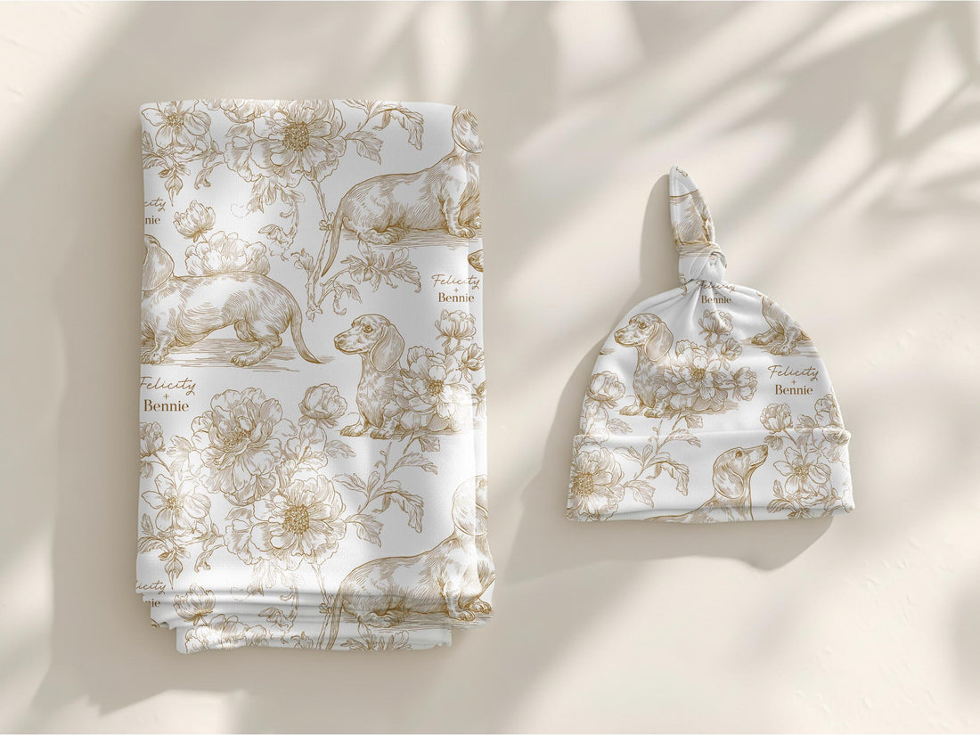 Dachshund Swaddle Blanket Matching Hat Toile Design Gold Floral Nursery Bedding Newborn Photography Prop Jersey Fabric Baby Accessory Minky