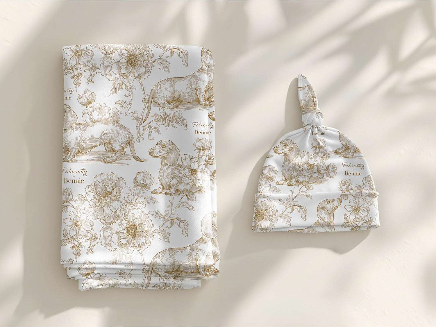 Dachshund Swaddle Blanket Matching Hat Toile Design Gold Floral Nursery Bedding Newborn Photography Prop Jersey Fabric Baby Accessory Minky - Charles Alex