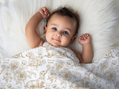 Dachshund Swaddle Blanket Matching Hat Toile Design Gold Floral Nursery Bedding Newborn Photography Prop Jersey Fabric Baby Accessory Minky - Charles Alex