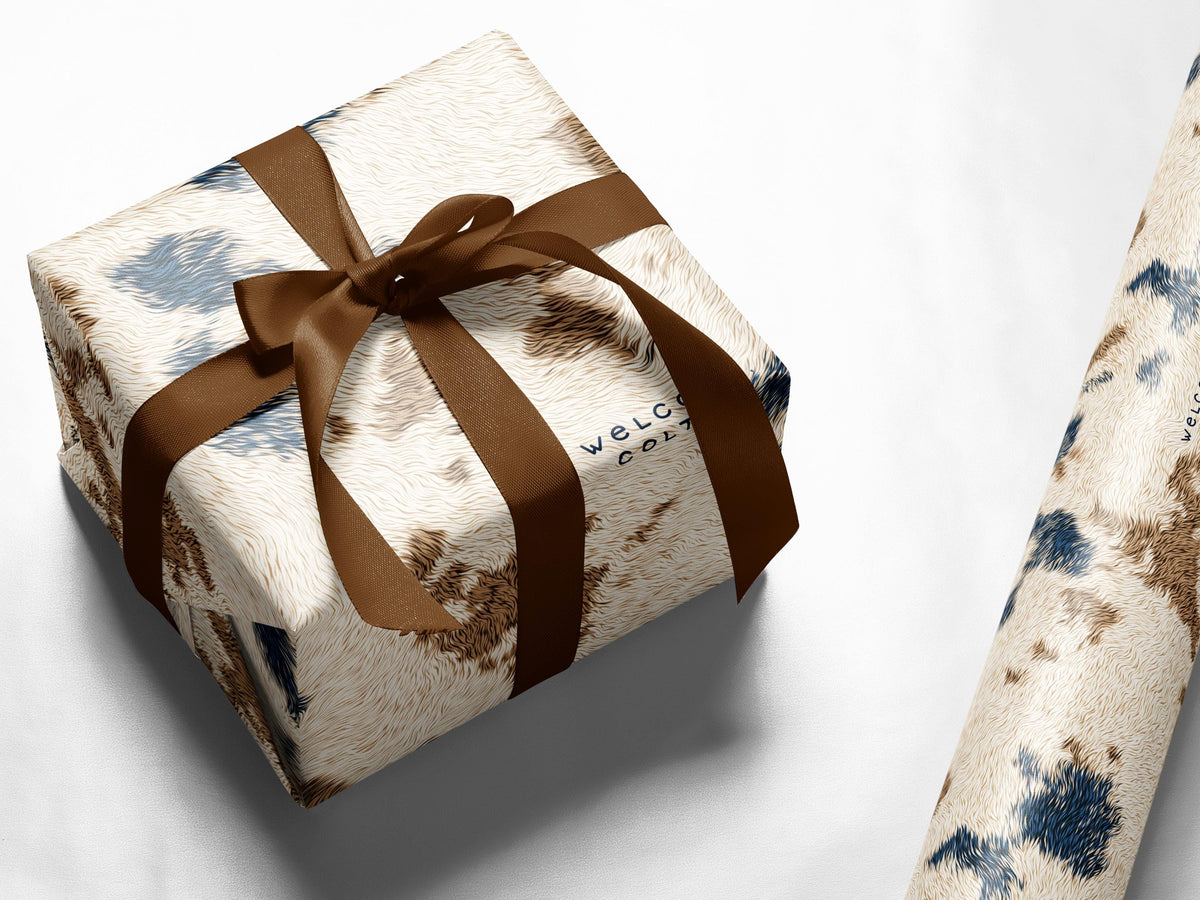 Western Cowhide Wrapping Paper Roll Rustic Ranch Gift Wrap Cowboy Birthday Farmhouse Housewarming Present Baby Shower Cow Print Packaging