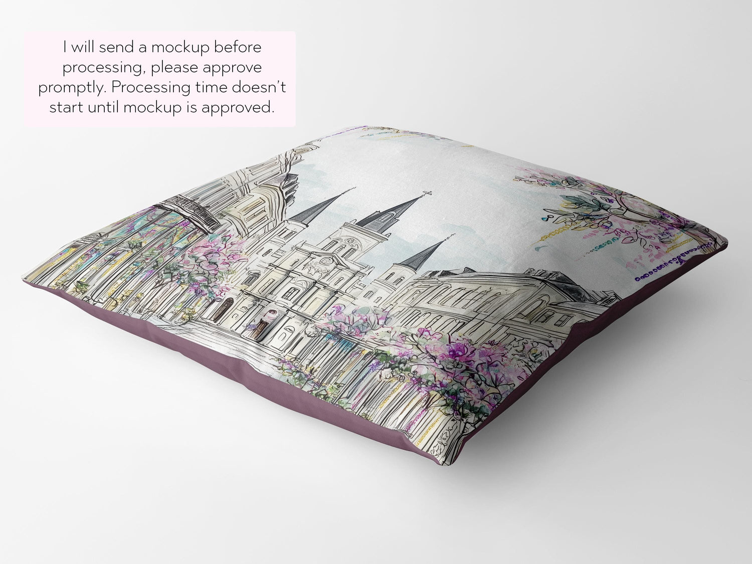 New Orleans Mardi Gras Pillow Beads Jackson Square St Louis Cathedral Illustration Floral French Quarter Decor Spring Sofa Accent Cushion - Charles Alex