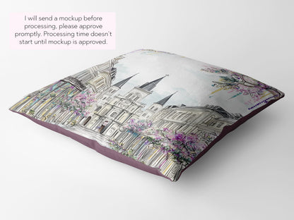New Orleans Mardi Gras Pillow Beads Jackson Square St Louis Cathedral Illustration Floral French Quarter Decor Spring Sofa Accent Cushion - Charles Alex