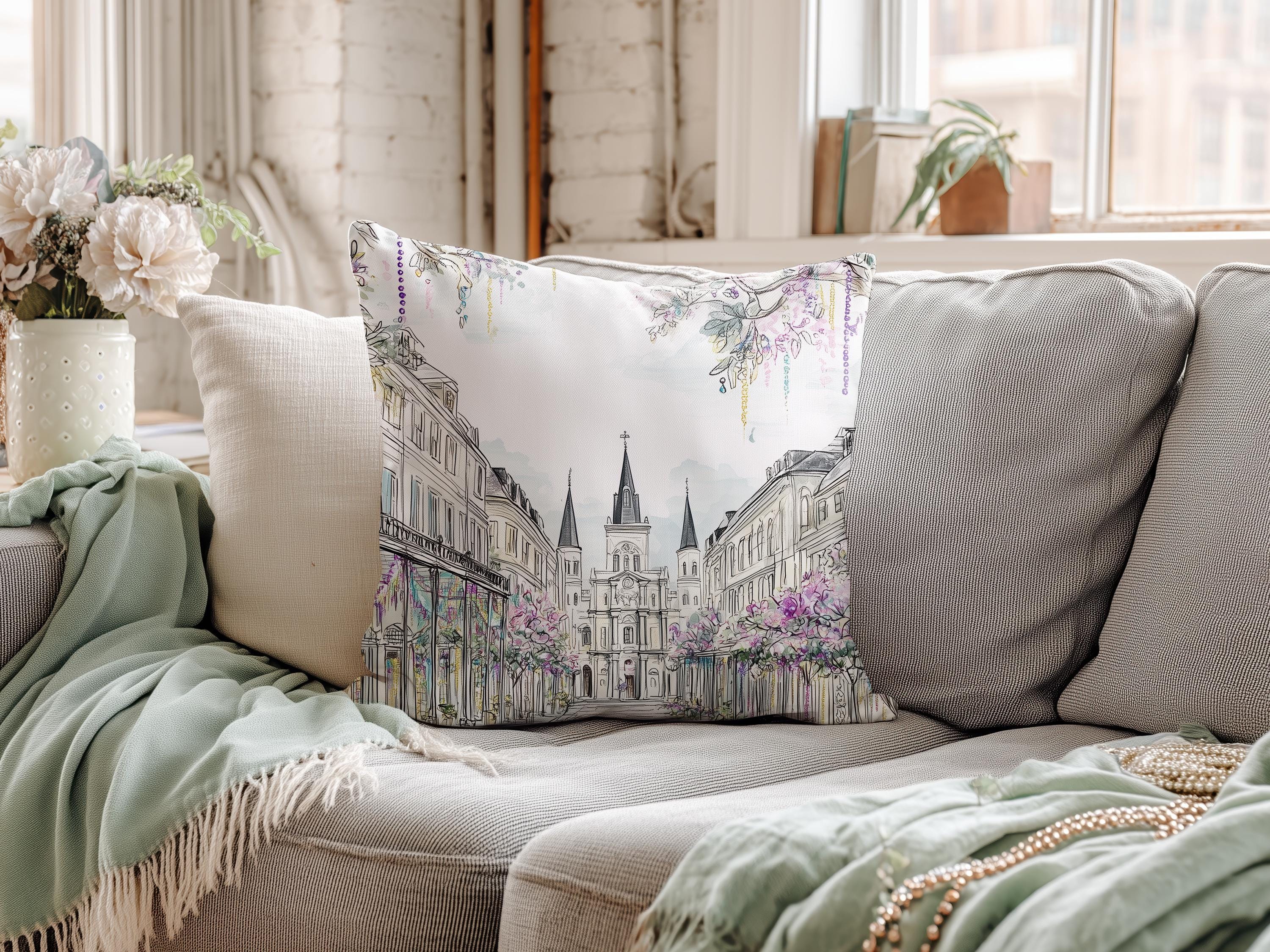 New Orleans Mardi Gras Pillow Beads Jackson Square St Louis Cathedral Illustration Floral French Quarter Decor Spring Sofa Accent Cushion - Charles Alex