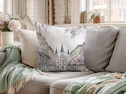 New Orleans Mardi Gras Pillow Beads Jackson Square St Louis Cathedral Illustration Floral French Quarter Decor Spring Sofa Accent Cushion - Charles Alex