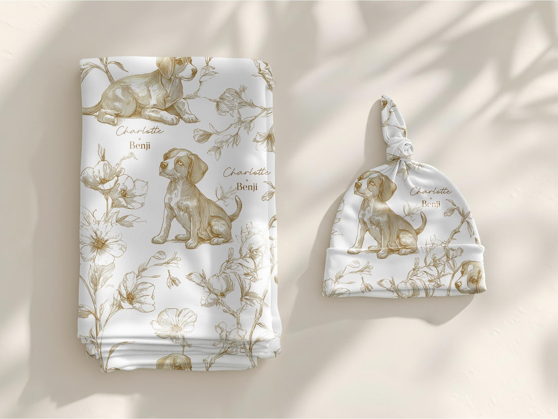 Beagle Baby Gift Personalized Puppy Swaddle Blanket With Name Newborn Girl Hospital Photo Prop Floral Toile Dog Print Custom Shower Present