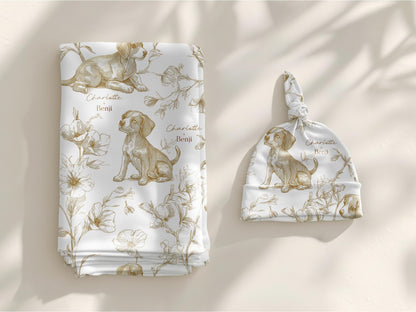 Beagle Baby Gift Personalized Puppy Swaddle Blanket With Name Newborn Girl Hospital Photo Prop Floral Toile Dog Print Custom Shower Present - Charles Alex