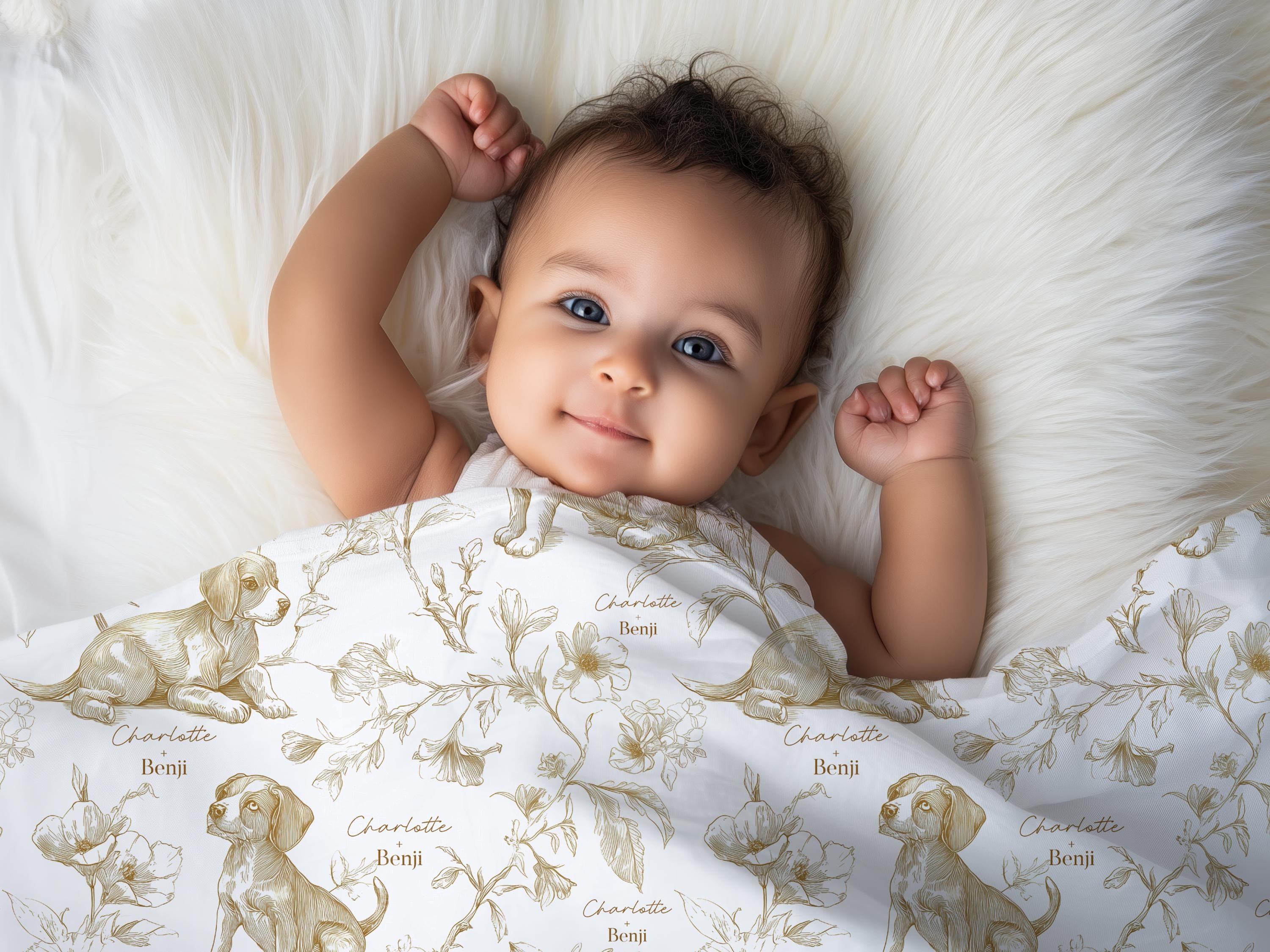 Beagle Baby Gift Personalized Puppy Swaddle Blanket With Name Newborn Girl Hospital Photo Prop Floral Toile Dog Print Custom Shower Present - Charles Alex