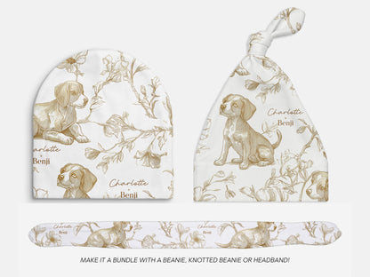 Beagle Baby Gift Personalized Puppy Swaddle Blanket With Name Newborn Girl Hospital Photo Prop Floral Toile Dog Print Custom Shower Present - Charles Alex