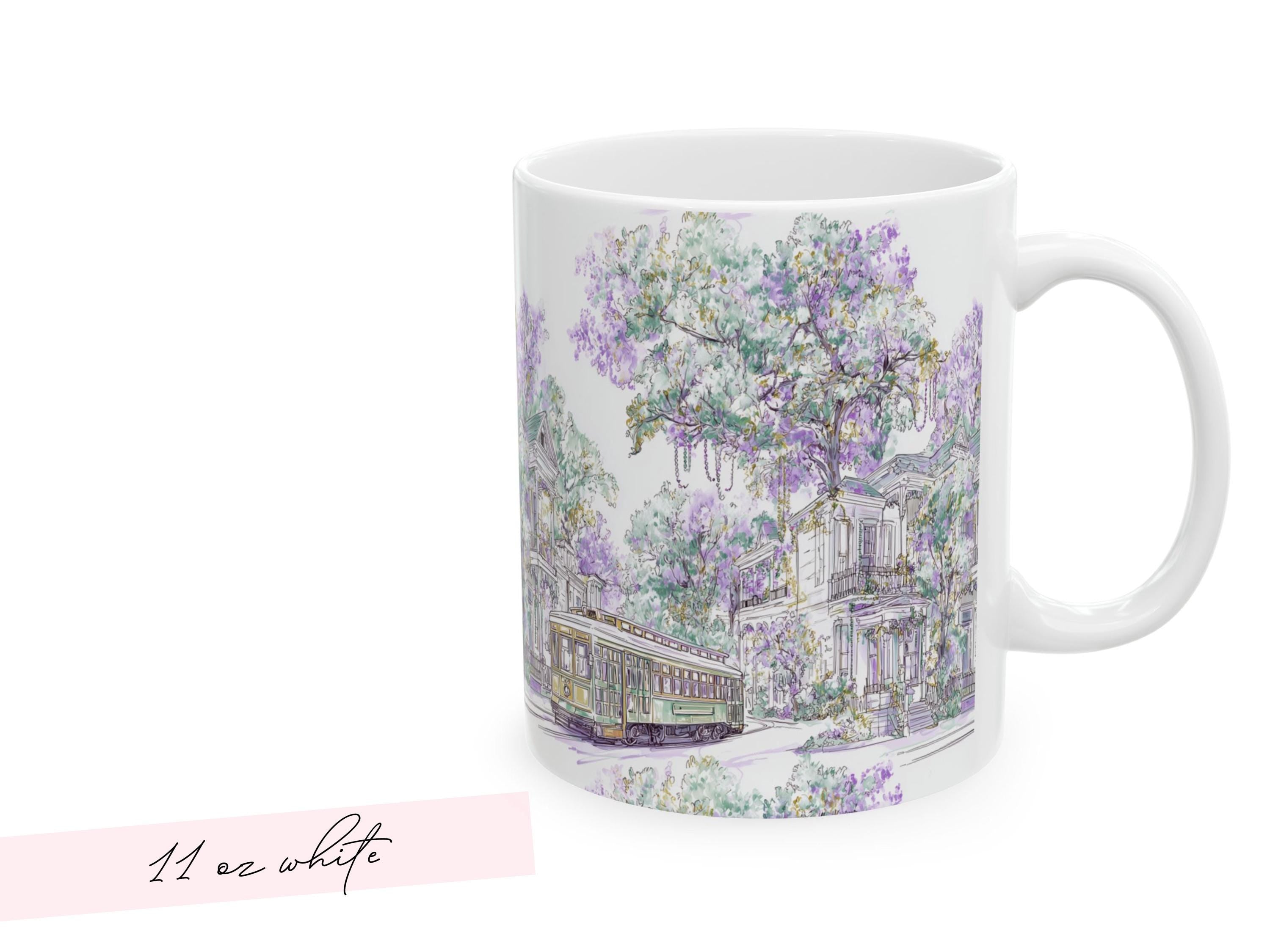 Mardi Gras Coffee Cup New Orleans Streetcar Mug St Charles Avenue Houses Ceramic Gift NOLA Sketch Art Present 11oz 15oz Dishwasher Safe - Charles Alex
