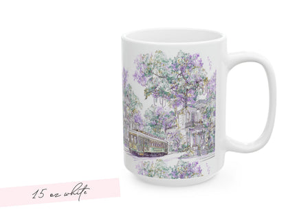 Mardi Gras Coffee Cup New Orleans Streetcar Mug St Charles Avenue Houses Ceramic Gift NOLA Sketch Art Present 11oz 15oz Dishwasher Safe - Charles Alex