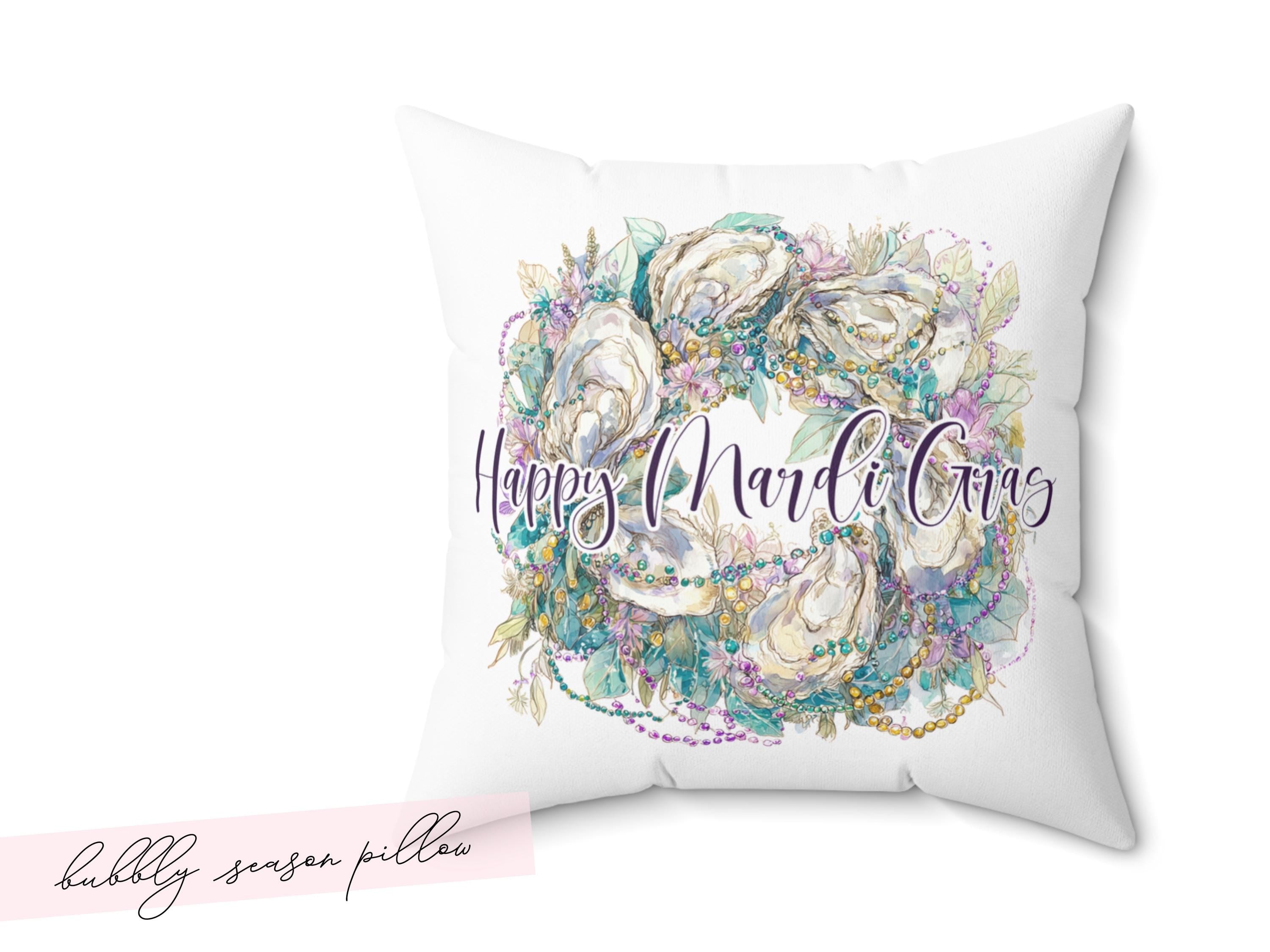 New Orleans Oyster Mardi Gras Wreath Pillow Coastal Carnival Decor Personalized Gift for Her Southern Hostess Seasonal Sofa Accent Cushion - Charles Alex