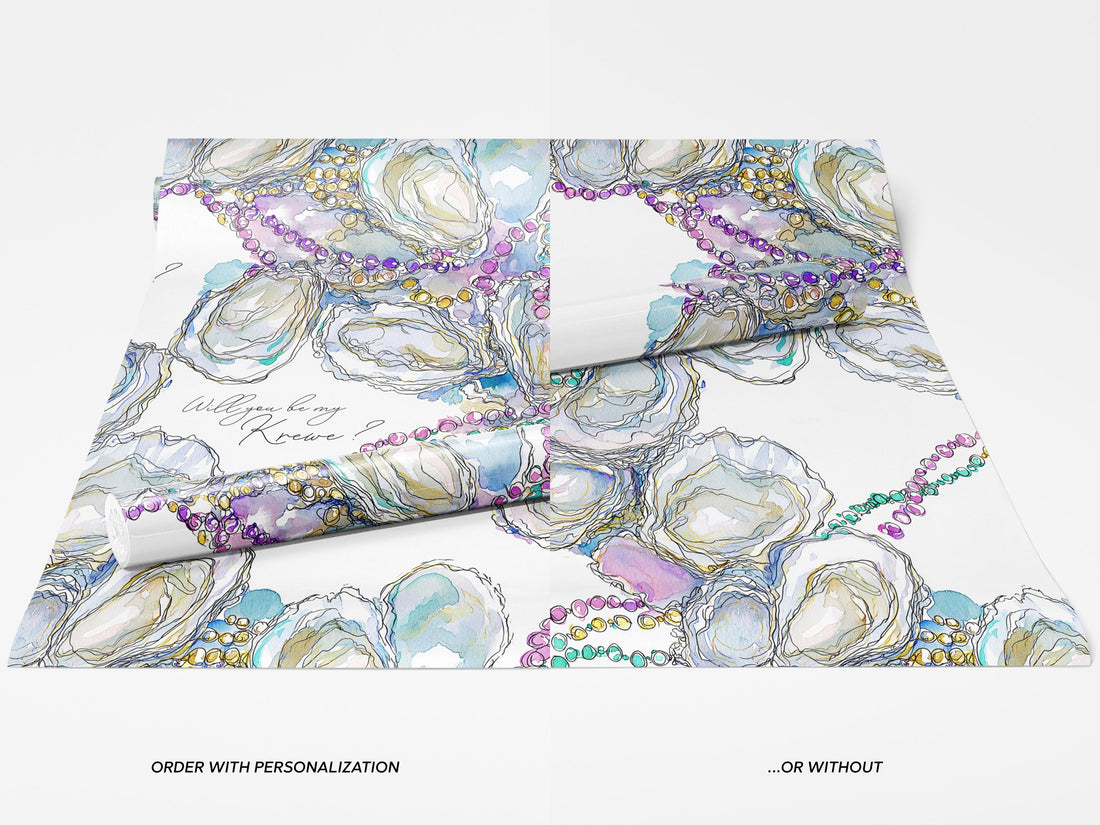 Mardi Gras Oyster Wrapping Paper Personalized New Orleans Beads Gift Wrap Coastal Fat Tuesday Party Supplies Classy Coastal Hostess Present